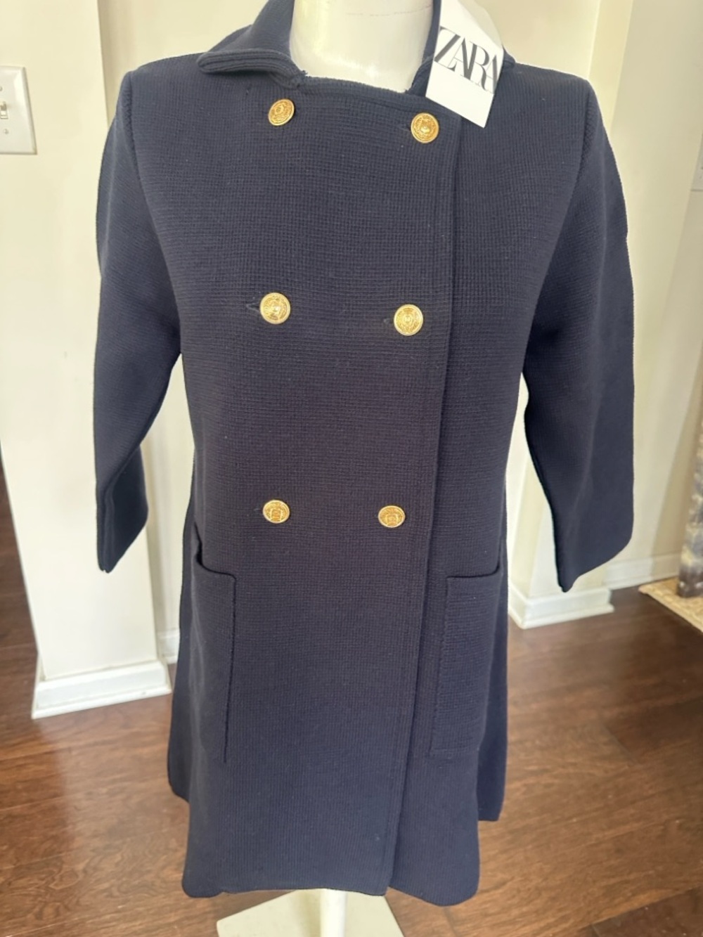 Zara Navy Double-breasted Knit Coat M